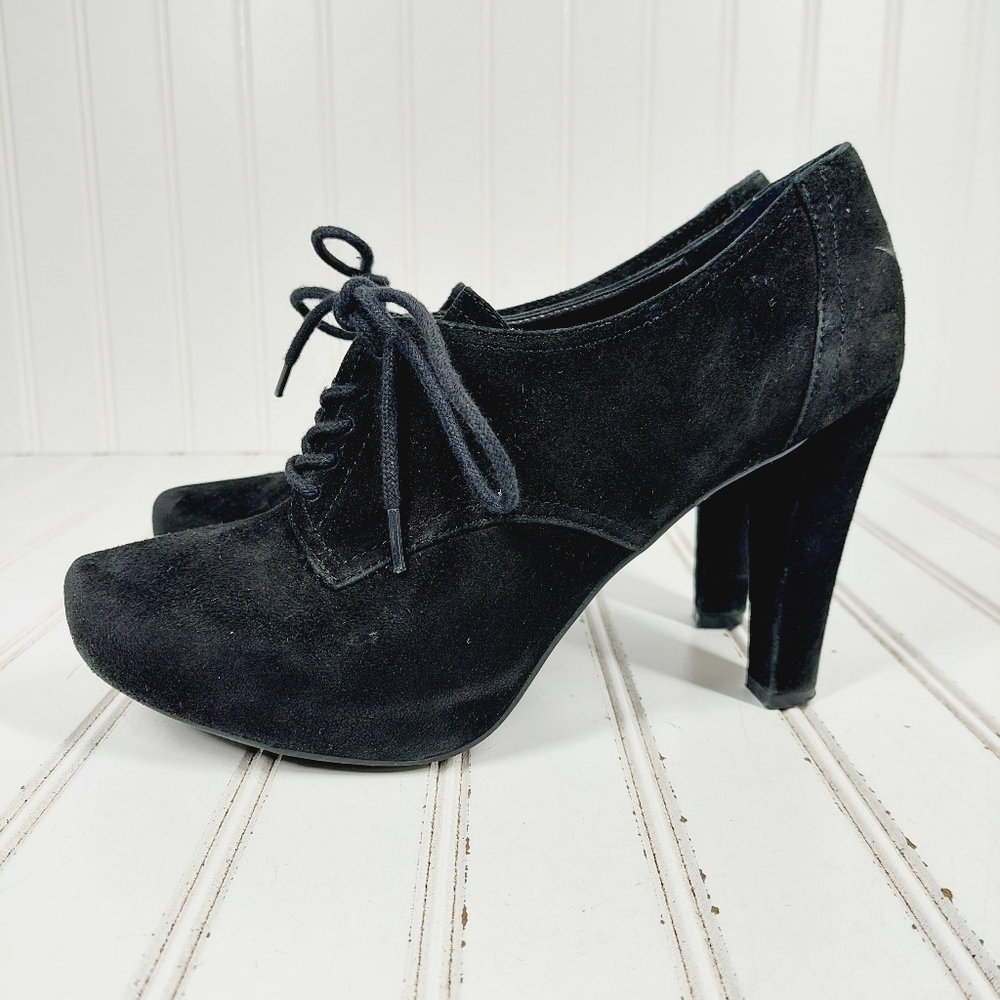 me too Legion Black Suede Leather Lace Up High Heel Ankle Boots D916